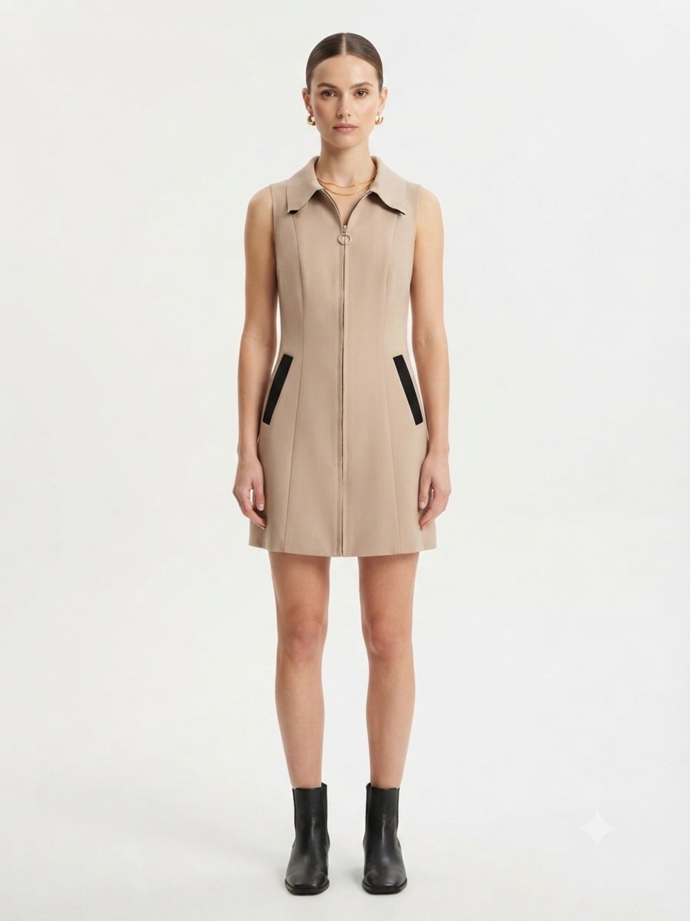 Forever 21 Contemporary Tan Zip Front Dress Women’s Size XS Collared Sleeveless